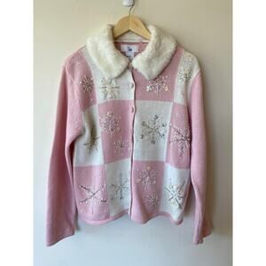 Ms. Lee Women’s L Cardigan Faux Fur Collar Pink Plaid Snowflake Beaded Knit